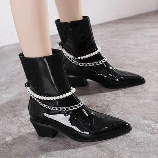 Faux Pearl Chain Block Heel Short Boots
