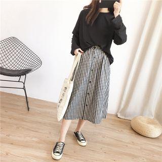 Set: Long-sleeve T-shirt + Plaid Midi A-line Skirt