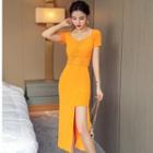 Set: Short-sleeve Drawcord Top + Irregular A-line Midi Skirt