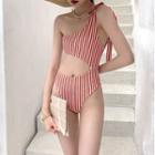 Striped One-shoulder Cut-out Swimsuit