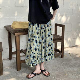 Floral Midi A-line Skirt Floral - Blue & Green - One Size