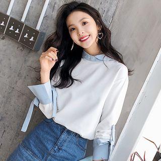 Mock Two-piece Bow Detail Long-sleeve Top