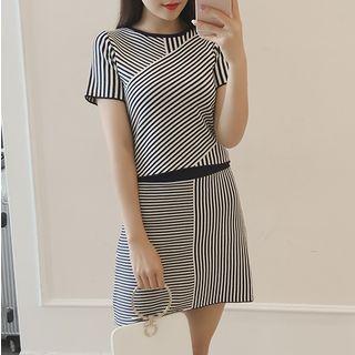 Set: Striped Short Sleeve Knit Top + A-line Knit Skirt