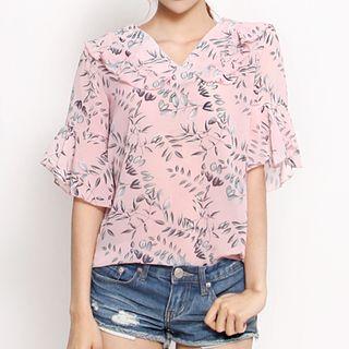 Collared Elbow-sleeve Pattern Chiffon Top