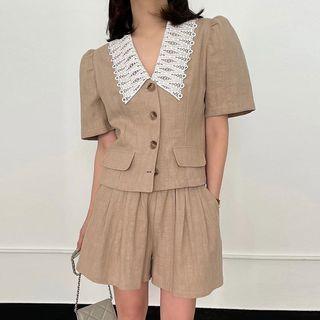Short-sleeve Lace Trim Button-up Jacket / Wide Leg Shorts