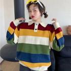Striped Polo Sweatshirt Stripes - Red & Yellow & Green & Blue - One Size