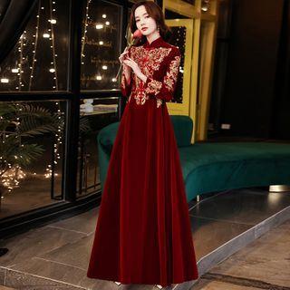 Long-sleeve Velvet Sequined A-line Evening Gown