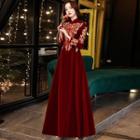 Long-sleeve Velvet Sequined A-line Evening Gown