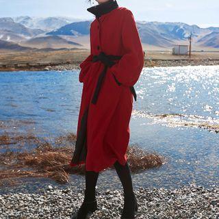 Long-sleeve Tie-waist Color-block Woolen Coat