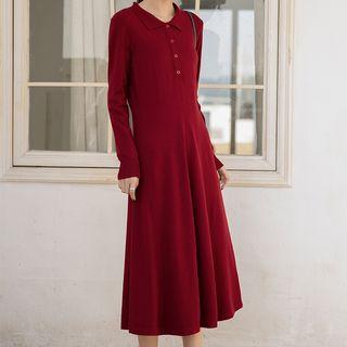 Long-sleeve Midi A-line Knit Polo Dress