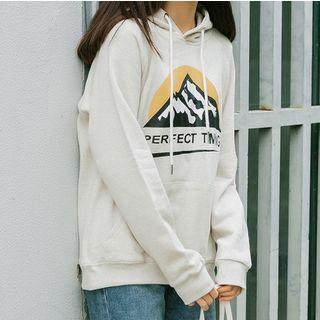 Long-sleeve Hooded Print Top Gray Beige - One Size