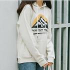 Long-sleeve Hooded Print Top Gray Beige - One Size
