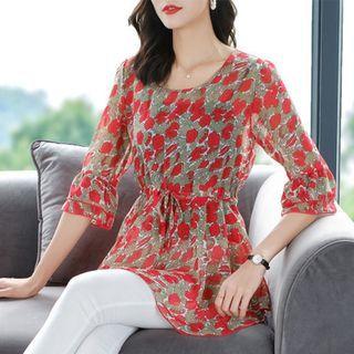 Elbow-sleeve Floral Print Peplum Top