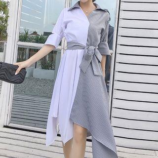 Striped Panel Elbow-sleeve Asymmetrical Shirtdress