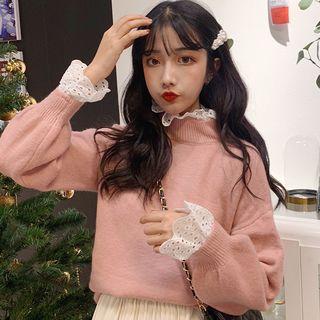 Eyelet Lace Panel Mock-neck Sweater