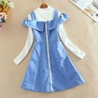 Set: Mock-neck Long-sleeve Knit Top + Front Zip A-line Pinafore Dress