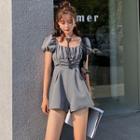 Puff-sleeve Off-shoulder Ruched Plain Wide-leg Jumpsuit