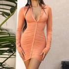 Long-sleeve Button-up Mini Bodycon Dress