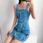 Sleeveless Denim Button Mini Sheath Dress