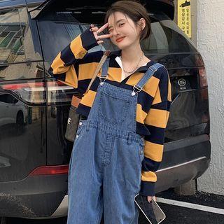 Long-sleeve Striped Polo Shirt / Wide Leg Denim Dungaree