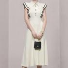 Ruffle Sleeve Contrast Trim Midi A-line Shirtdress