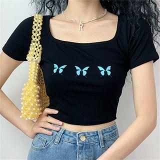 Printed Butterfly Short-sleeve Top