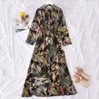 Long-sleeve Floral Print Stand Collar Midi A-line Shirtdress As Shown In Figure - One Size