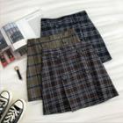 Color-block Plaid Double-breasted A-line Skirt