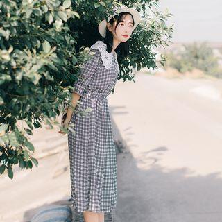 Short-sleeve Check Crochet Panel Dress