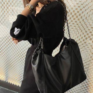 Chain-strap Shirred Shoulder Bag Black - One Size