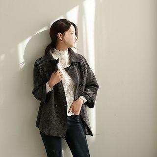 3/4-sleeve Double-breasted Checked Jacket