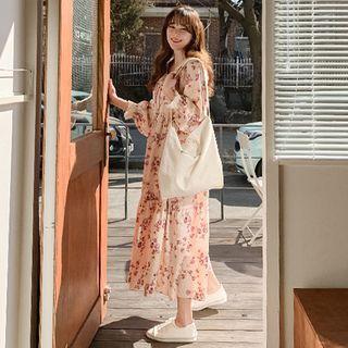 Lace-detail Floral Print Long Dress Beige - One Size