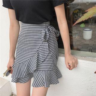 Check Flounced-hem Pencil Skirt