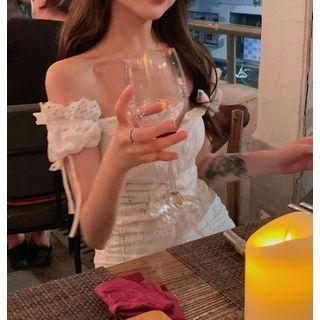 Short-sleeve Off-shoulder Eyelet Mini Sheath Dress