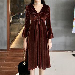 Bell-sleeve V-neck Pleuche A-line Dress