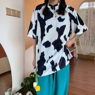 Elbow-sleeve Cow Print T-shirt / Plain Wide-leg Pants