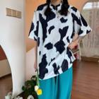 Elbow-sleeve Cow Print T-shirt / Plain Wide-leg Pants