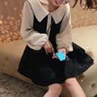 Balloon-sleeve Two-tone Knit Mini A-line Dress