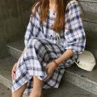 Plaid Elbow-sleeve Midi Dress