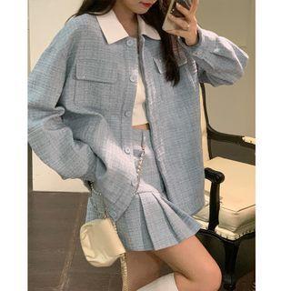 Contrast Collar Button-up Jacket / Pleated Mini A-line Skirt