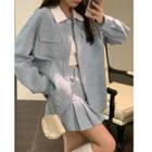 Contrast Collar Button-up Jacket / Pleated Mini A-line Skirt