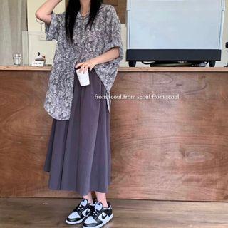 Elbow-sleeve Floral Print Shirt / Skirt