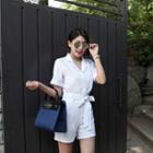 Notched-collar Striped Playsuit With Sash