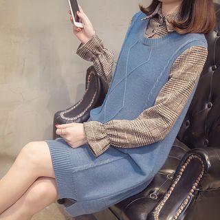 Set: Plaid Shirt + Cable Knit Long Vest