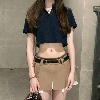 Short-sleeve Polo Collar Plain Cropped Top / High-waist Pleated Mini Skirt
