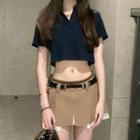 Short-sleeve Polo Collar Plain Cropped Top / High-waist Pleated Mini Skirt
