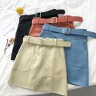 Double Packet High-waist Leather A-line Skirt With Belt