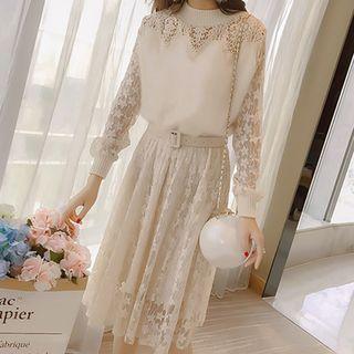 Mock Neck Lace Panel Knit Midi Dress