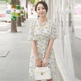 Elbow-sleeve Floral Print A-line Midi Dress