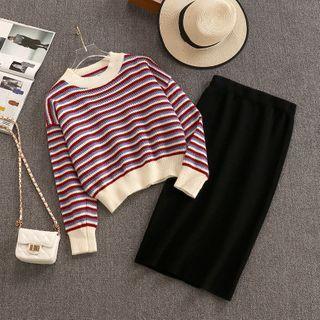 Set: Striped Sweater + Midi Pencil Skirt Off-white & Red & Blue - One Size